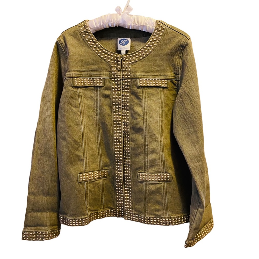 ⭐️ DG2 By Diane Gilman Jean Jacket Women Sz Small Faded Green Studded Denim